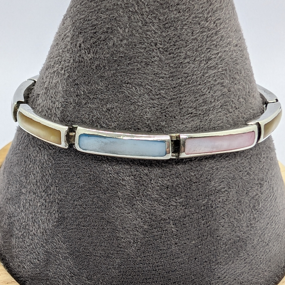 925 Sterling Silver Bracelet With Mother Of Pearl Inlays... Yellow Blue And Pink